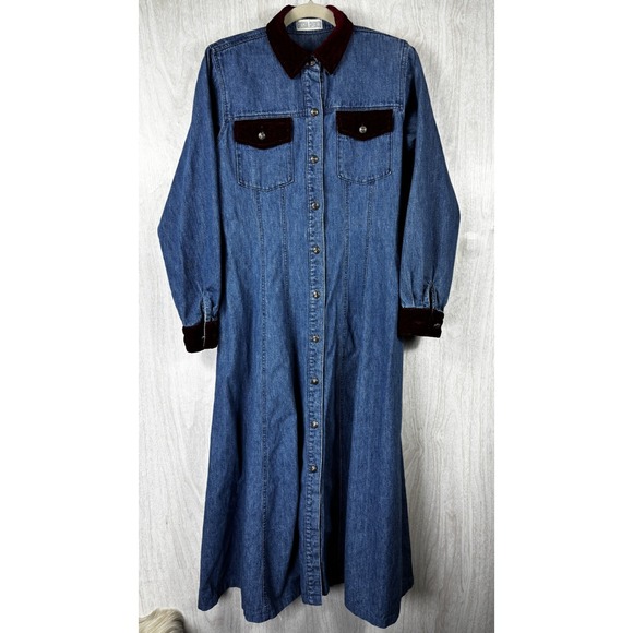 Vintage 80s Denim Maxi Dress S Velvet Trim Western Prairie Boho Cottagecore - Picture 2 of 9